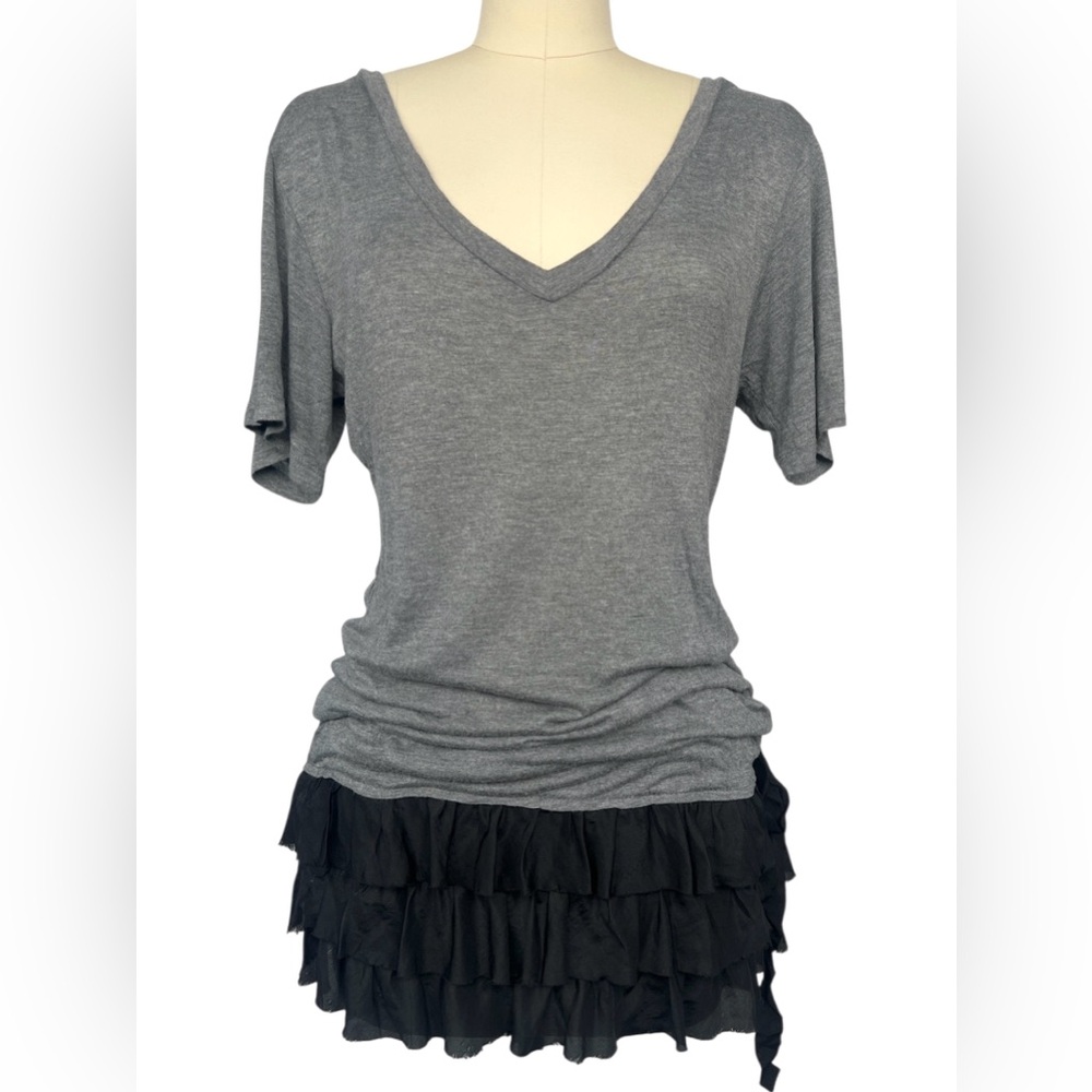 Y2K Young Fabulous & Broke Sz M Mini Dress Tunic Top Grey T-shirt Silk Ruffle - Picture 2 of 16
